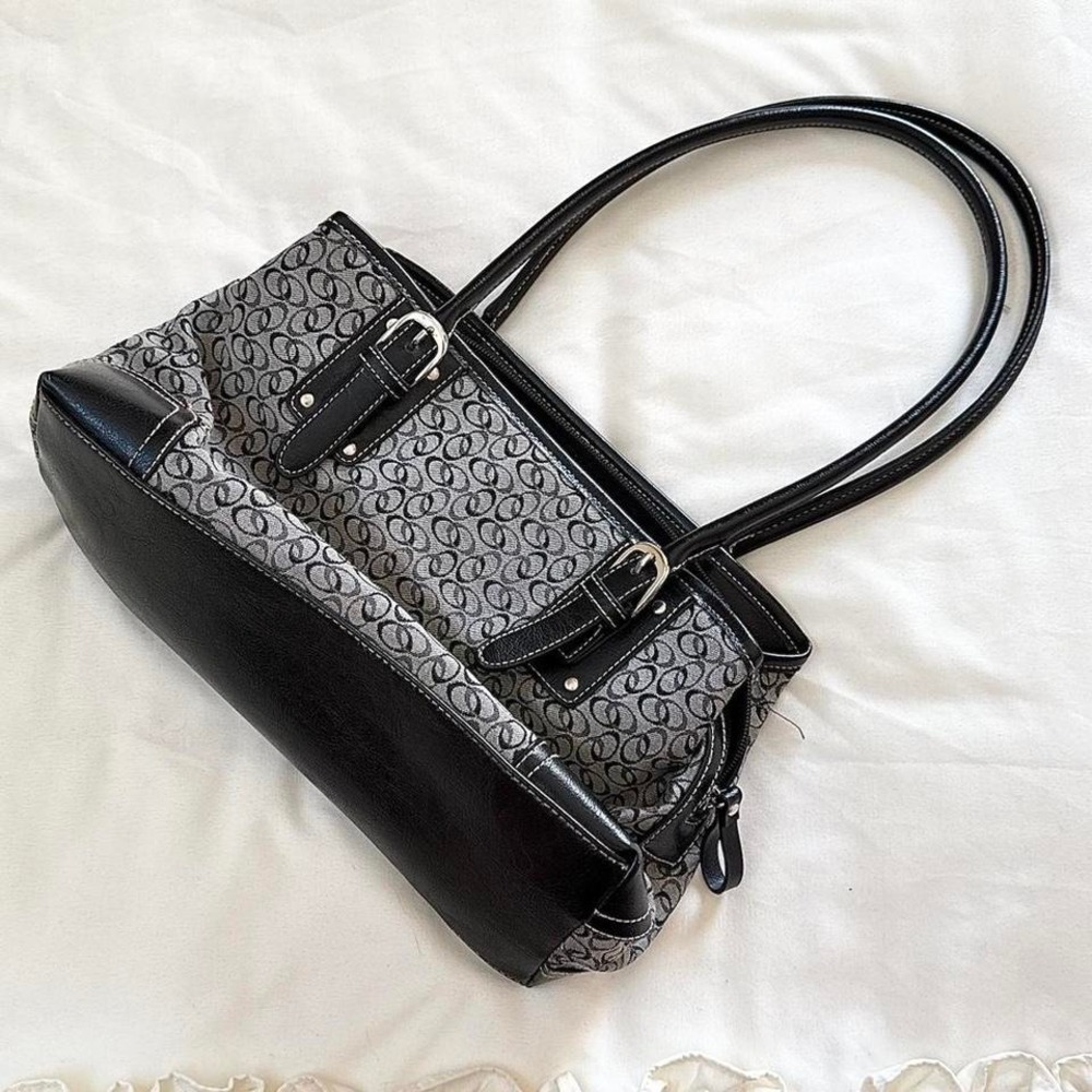 y2k black gray monogram‎ shoulder bag faux leather trim